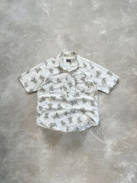 Vintage 2000's white and grey graphic print stussy button up short sleeve cargo shirt (L)