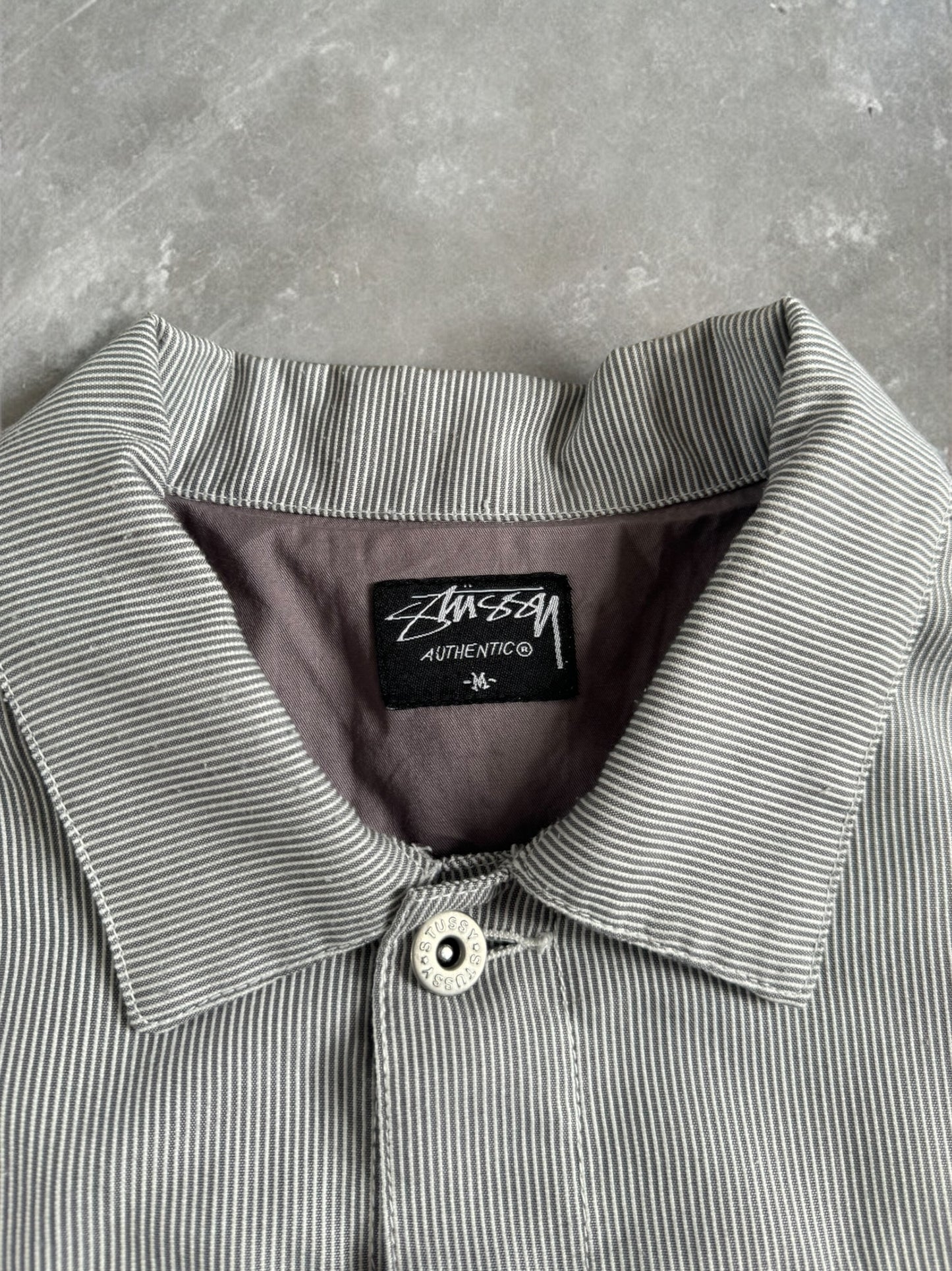 Vintage 2000's grey and white striped Stussy collared chore jacket (M)