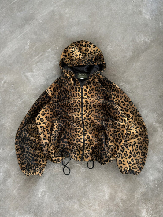 Vintage beige brown and black leopard print technical boxy fleece jacket (L)