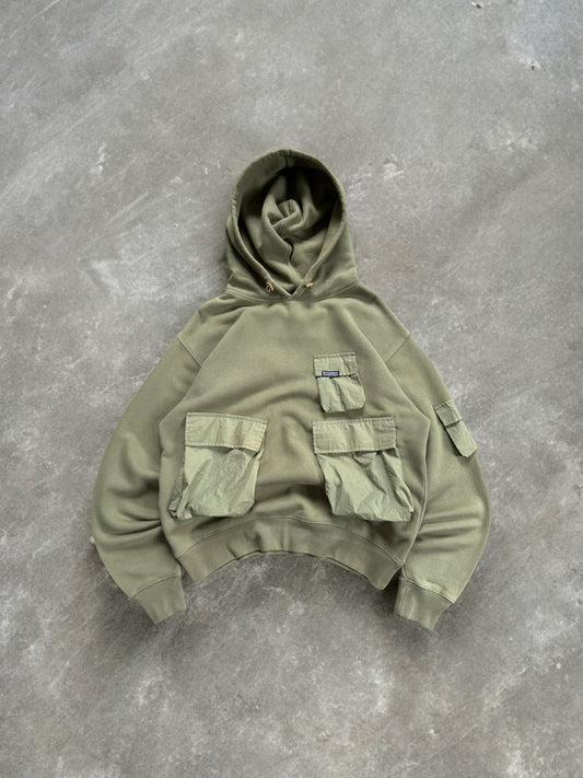 Vintage sage / khaki green Stussy technical cargo hoodie (M)