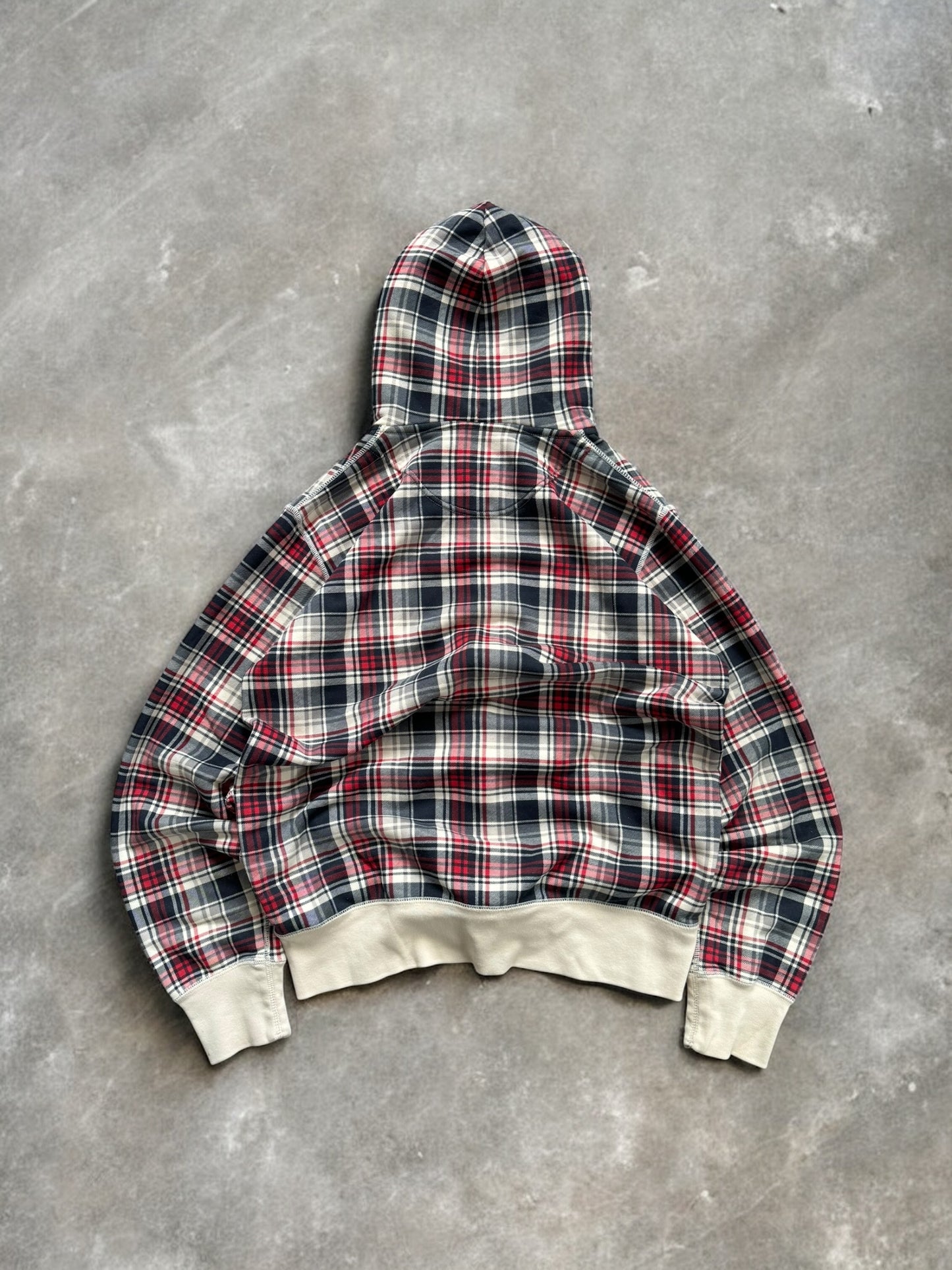 Vintage navy blue red and cream Uniqlo tartan / plaid zip up hoodie (S)