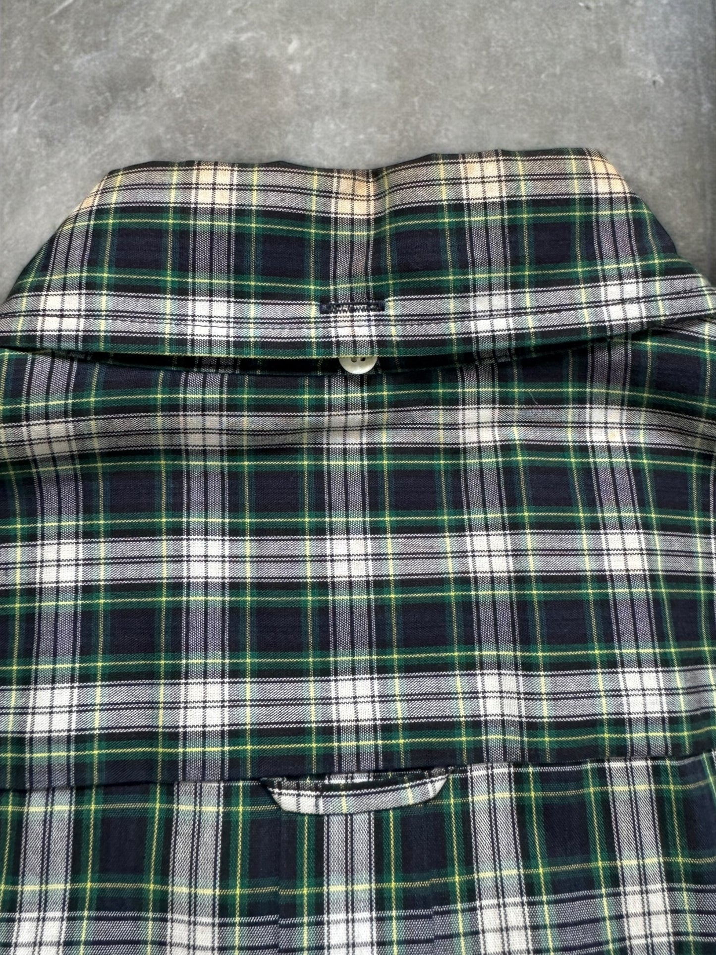 Vintage 90's green white and blue tartan / plaid Bape button up short sleeve shirt (M)
