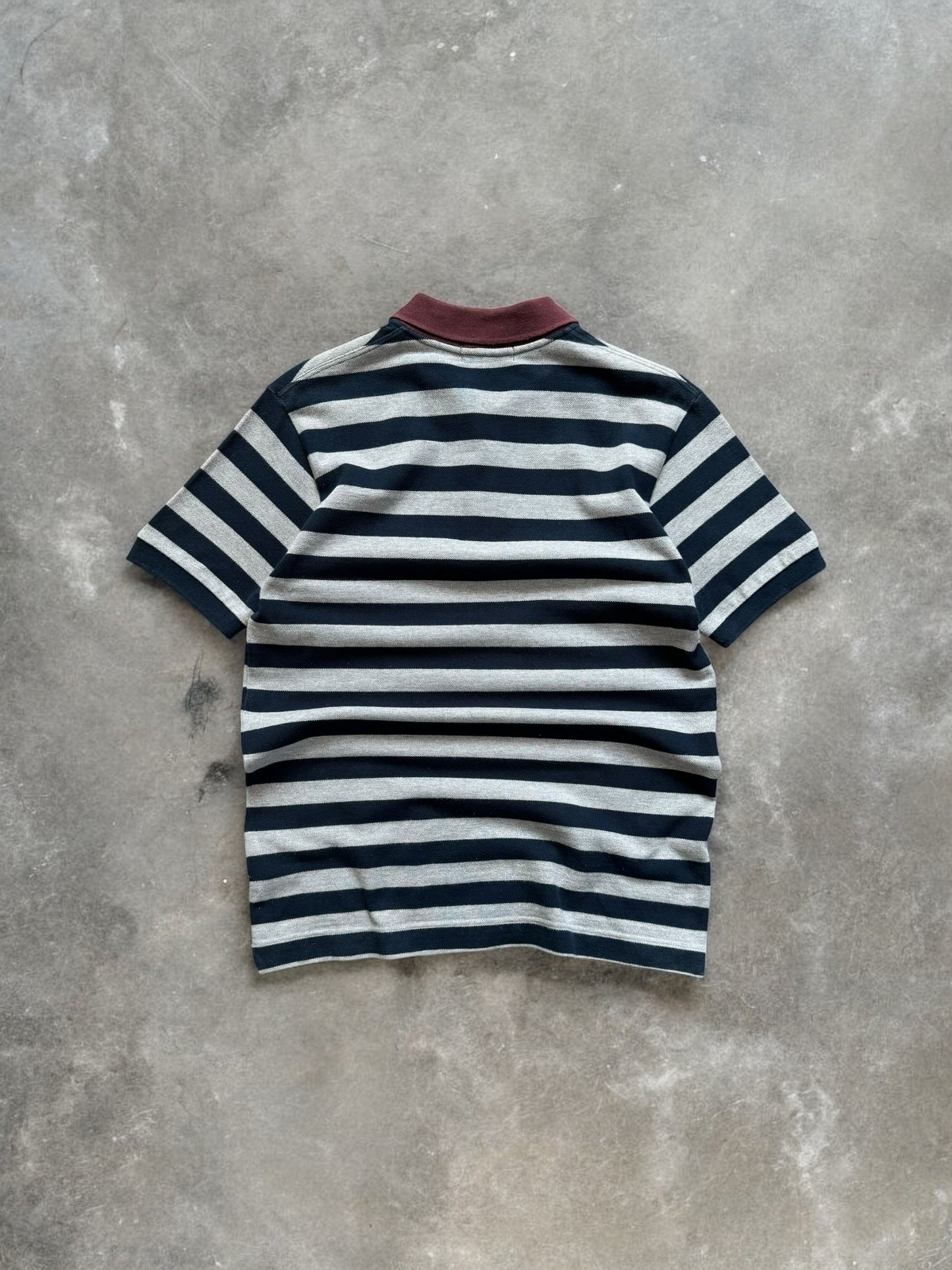 Vintage 2000's grey and navy blue Bape star embroidered striped polo shirt (S)