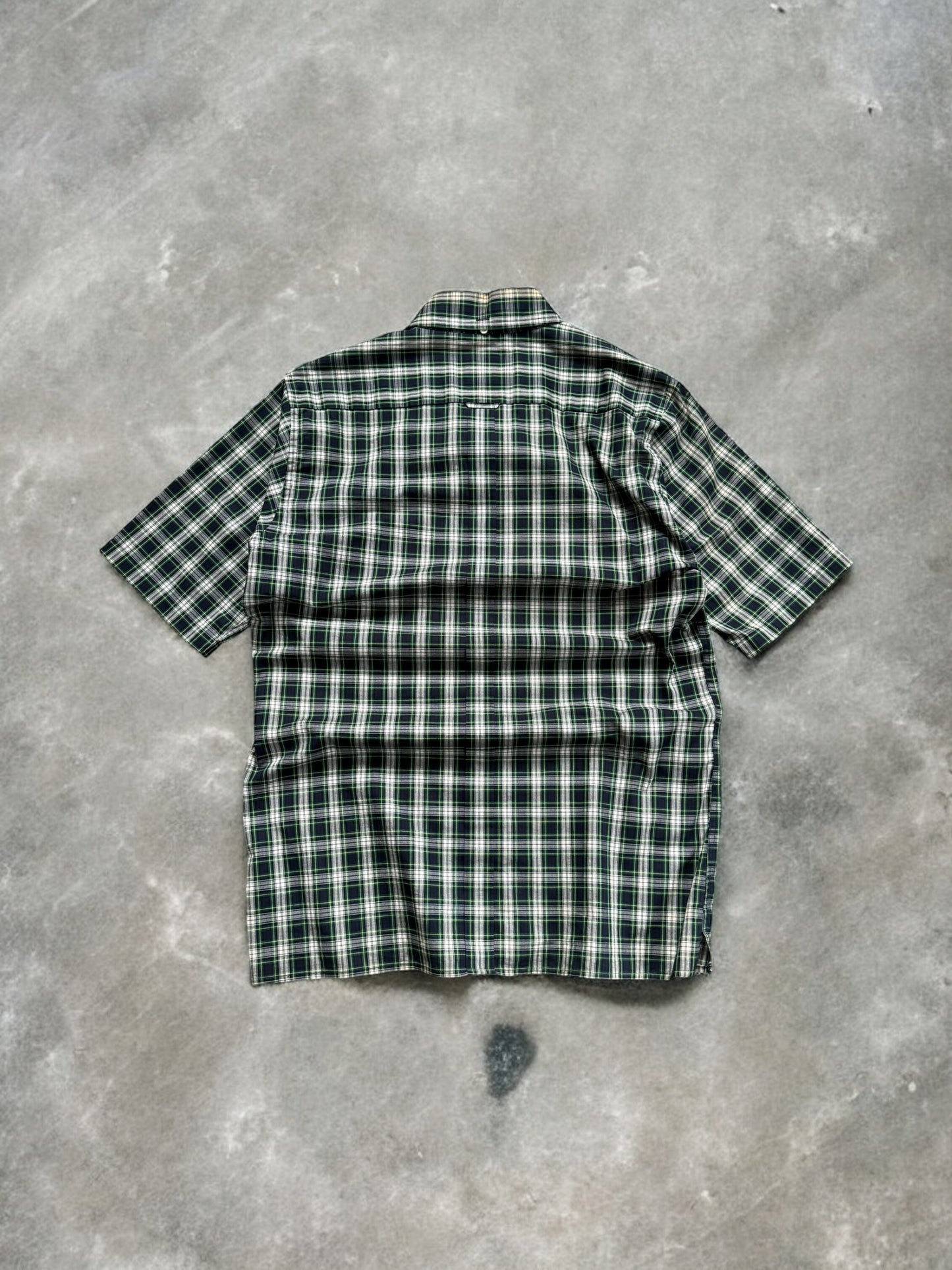 Vintage 90's green white and blue tartan / plaid Bape button up short sleeve shirt (M)