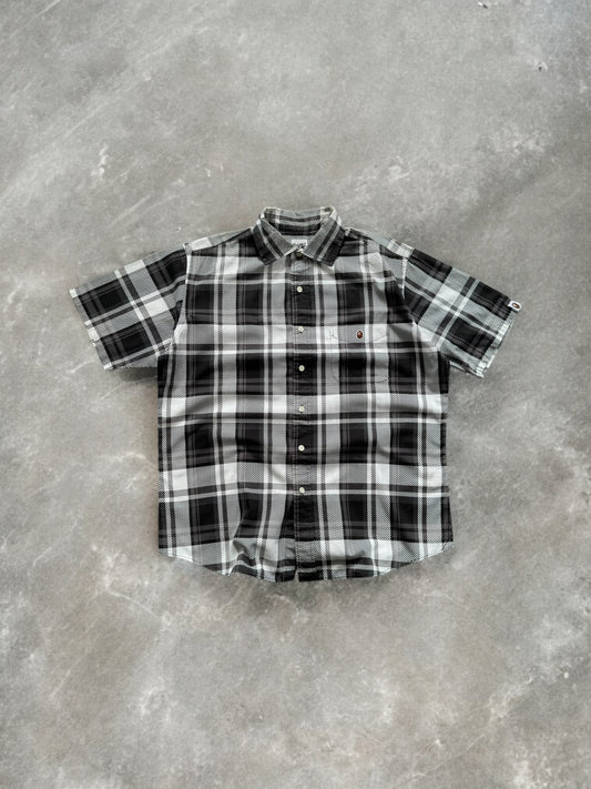 Vintage 90's black white and grey tartan / plaid Bape button up short sleeve shirt (L)