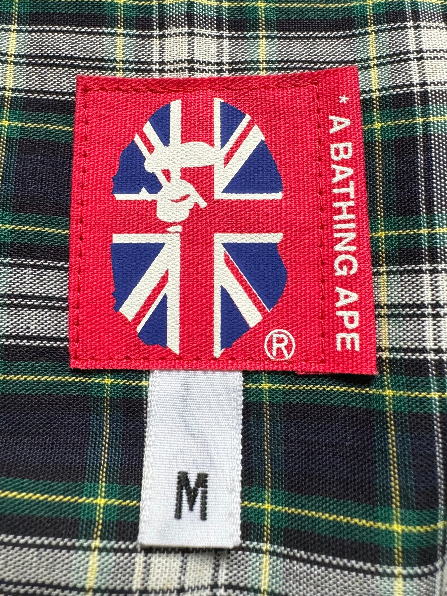 Vintage 90's green white and blue tartan / plaid Bape button up short sleeve shirt (M)