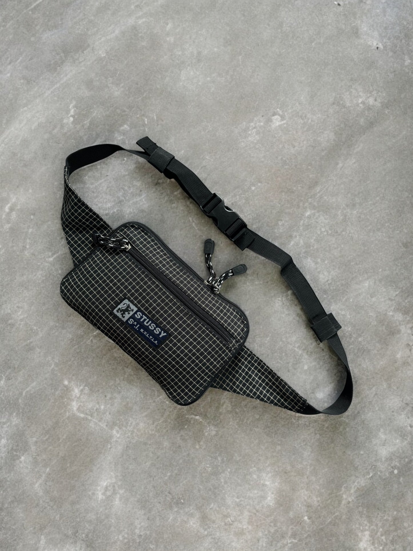 Vintage 2000's black and grey Stussy technical plaid sling bag / waist bag