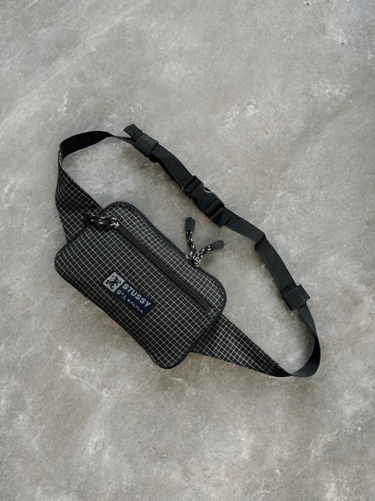 Vintage 2000's black and grey Stussy technical plaid sling bag / waist bag
