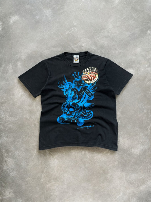 Vintage 2000's Y2K black and blue Ed Hardy by Christian Audigier graphic t shirt (S)