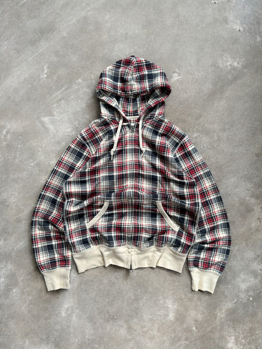 Vintage navy blue red and cream Uniqlo tartan / plaid zip up hoodie (S)