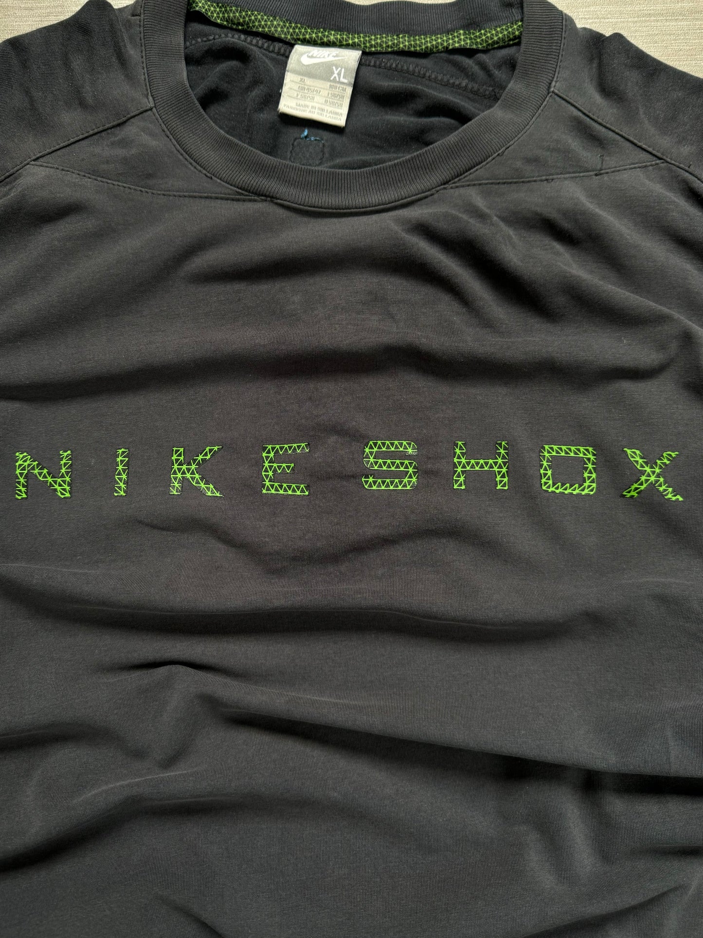 Vintage 2000's grey and green Nike Shox centre logo technical panelled two tone t shirt (L)