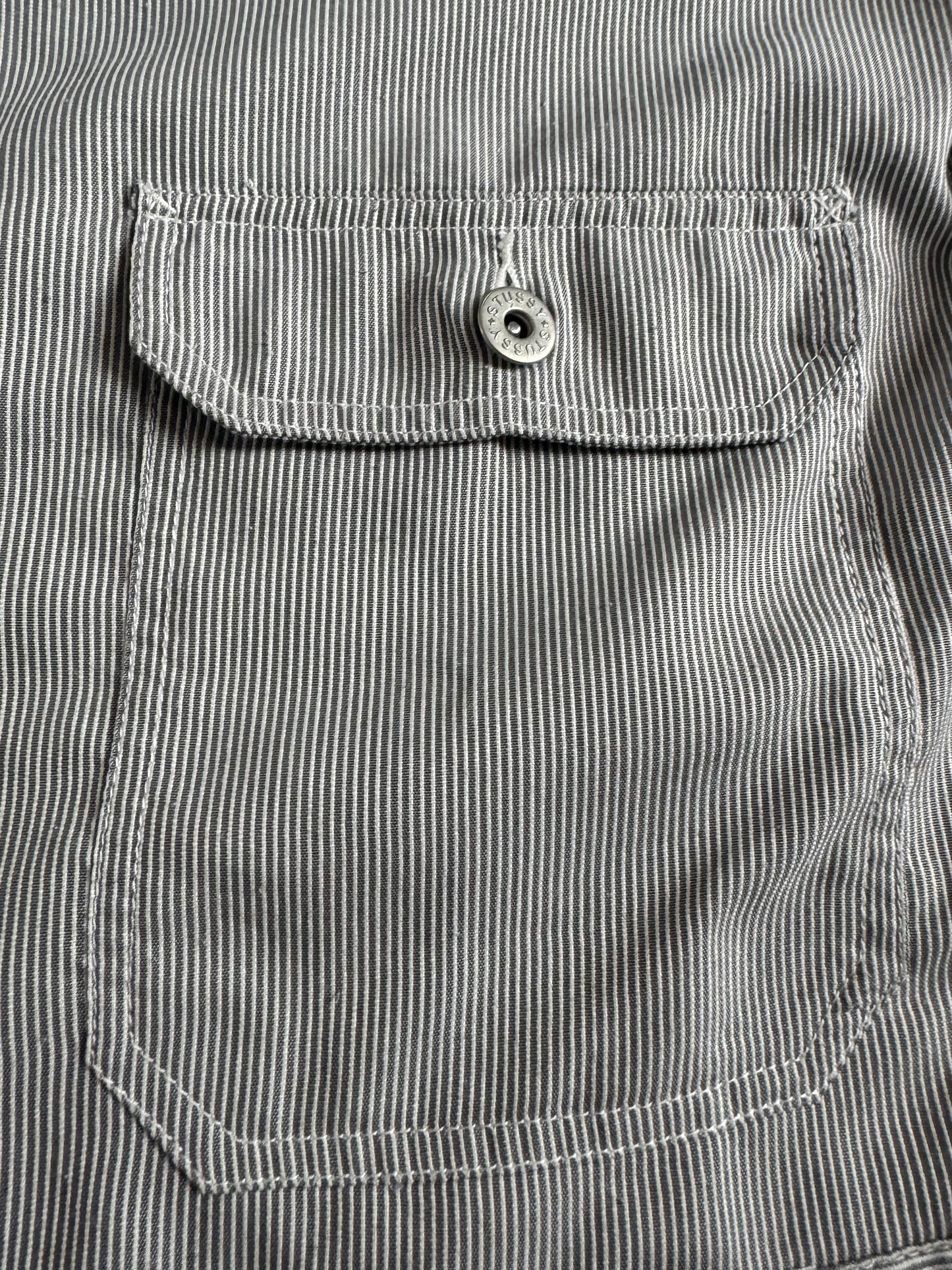 Vintage 2000's grey and white striped Stussy collared chore jacket (M)