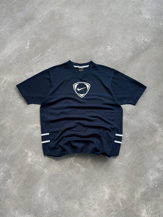 Vintage 2000's navy blue and white Nike T90 centre swoosh crest logo printed graphic panelled t shirt (XL)