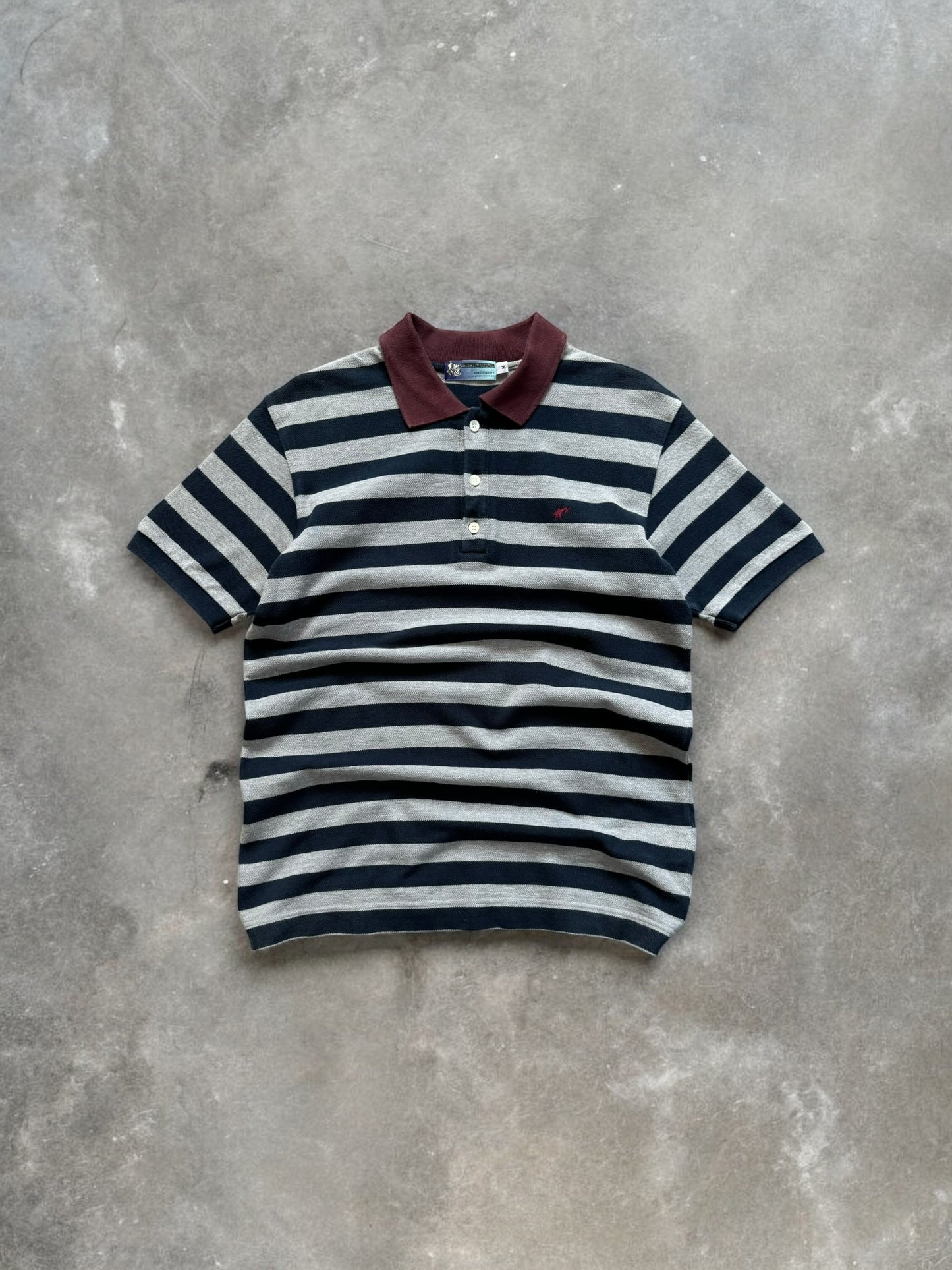 Vintage 2000's grey and navy blue Bape star embroidered striped polo shirt (S)