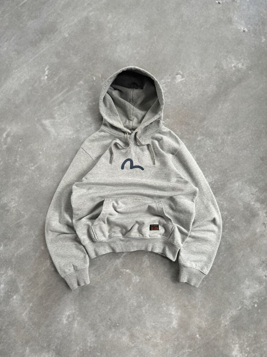 Vintage grey and navy blue Evisu centre logo hoodie (S)