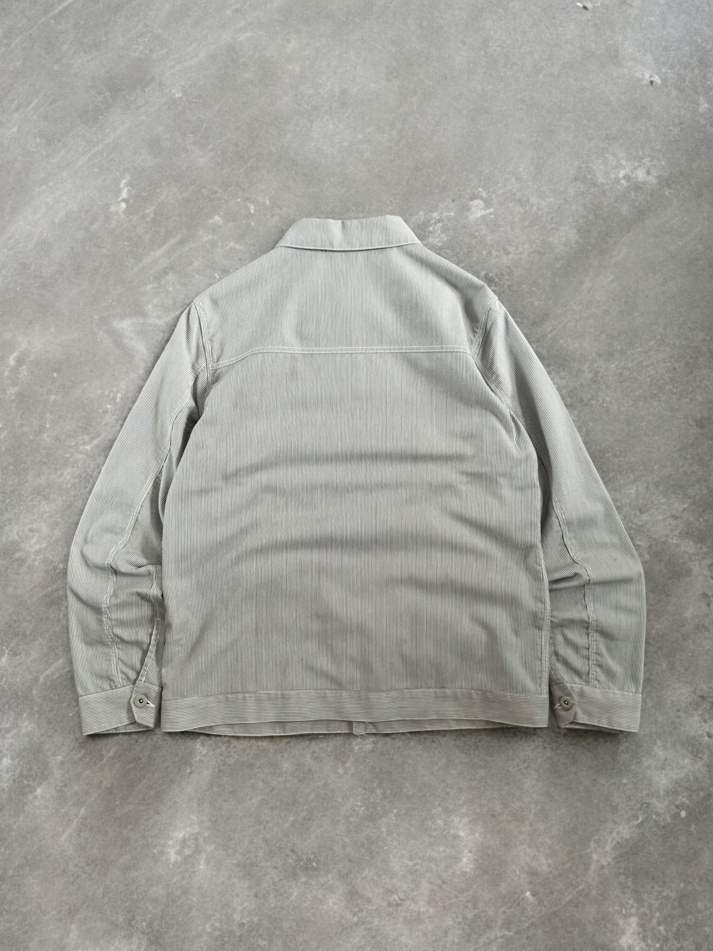 Vintage 2000's grey and white striped Stussy collared chore jacket (M)
