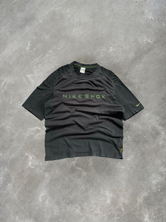 Vintage 2000's grey and green Nike Shox centre logo technical panelled two tone t shirt (L)