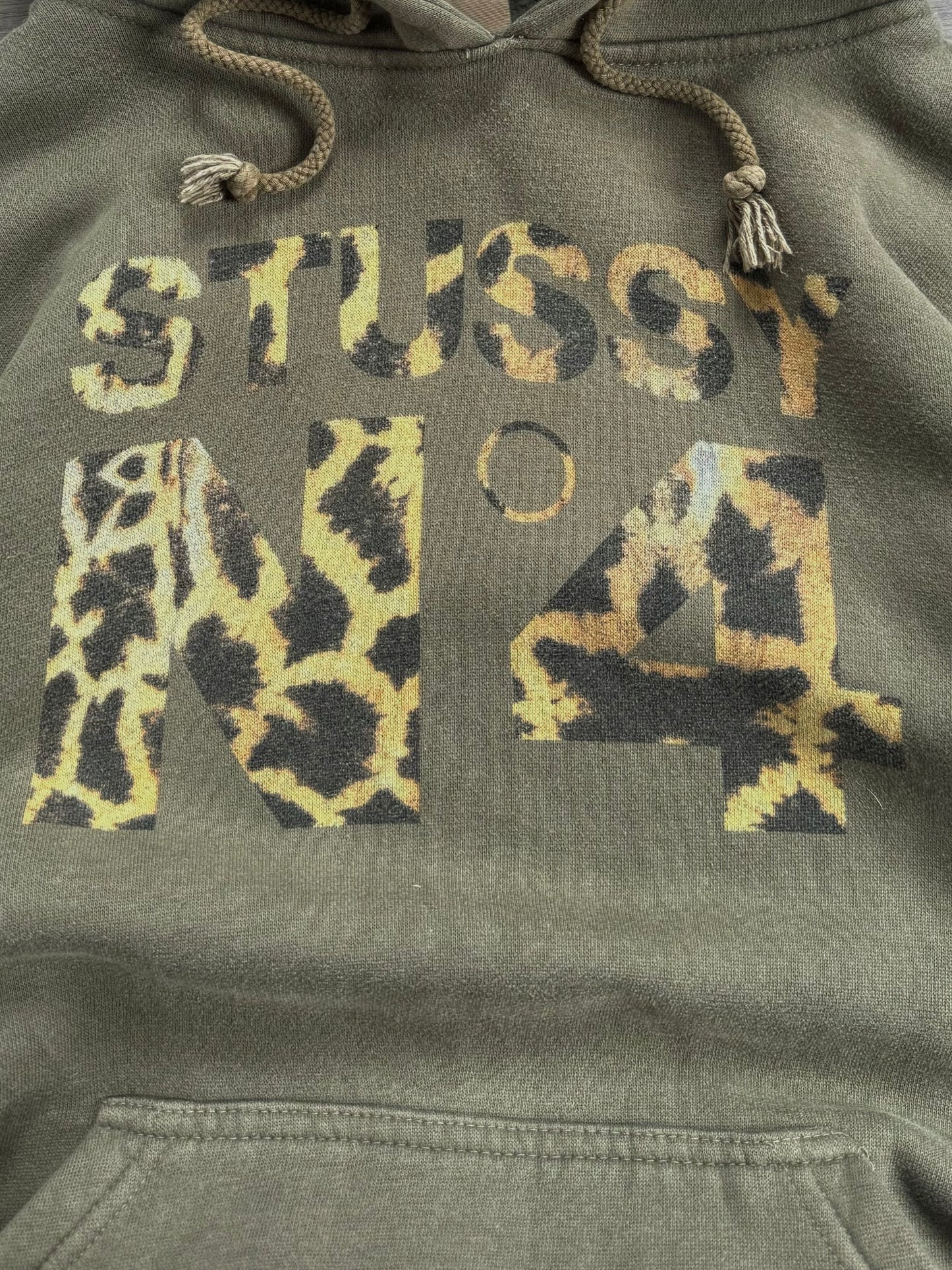 Vintage 2000's khaki green Stussy women’s leopard print hoodie (M)