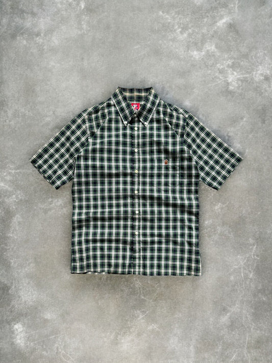 Vintage 90's green white and blue tartan / plaid Bape button up short sleeve shirt (M)