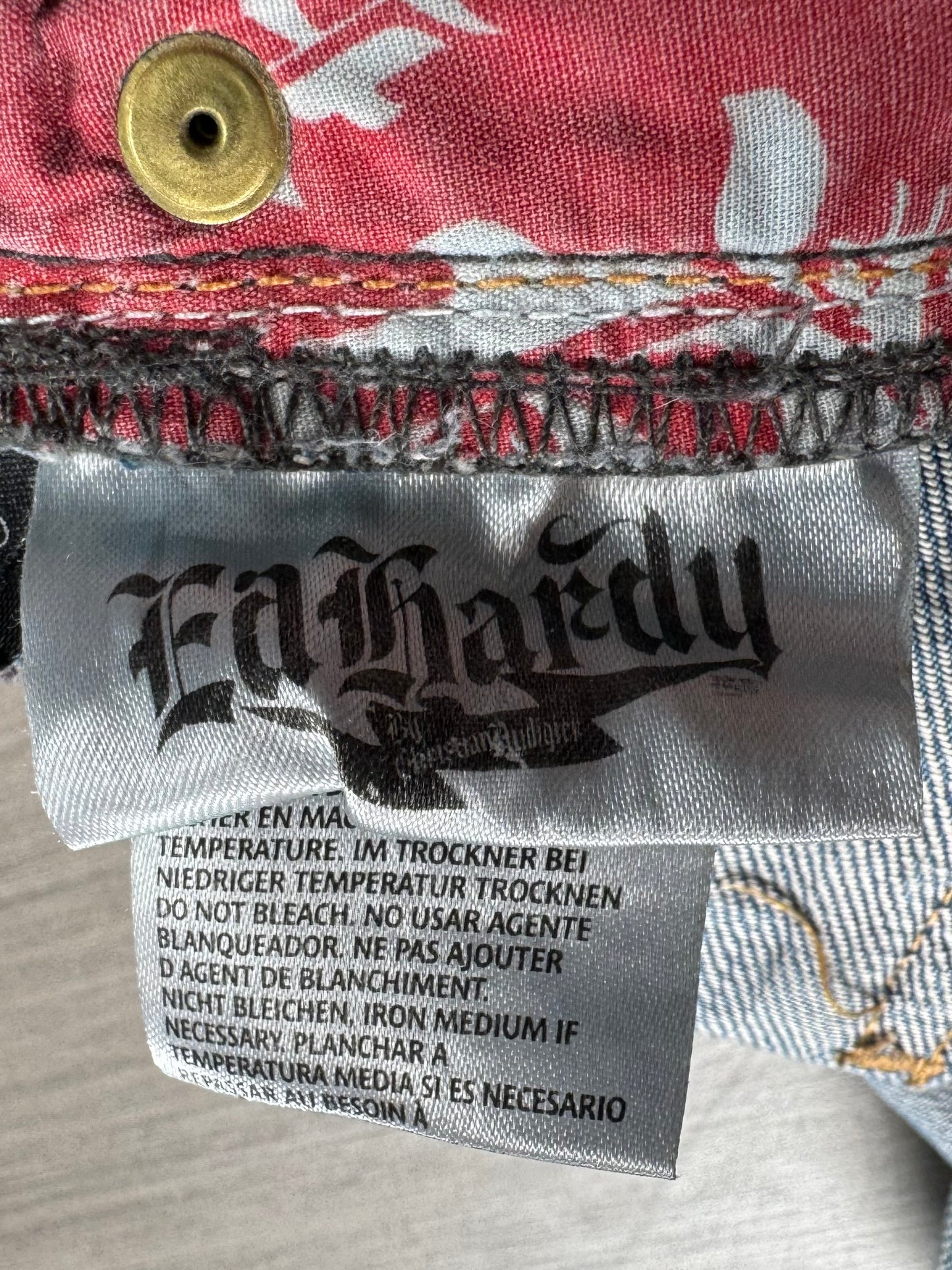 Vintage 2000's light blue Ed Hardy Christian Audiger distressed graphic jeans (L)