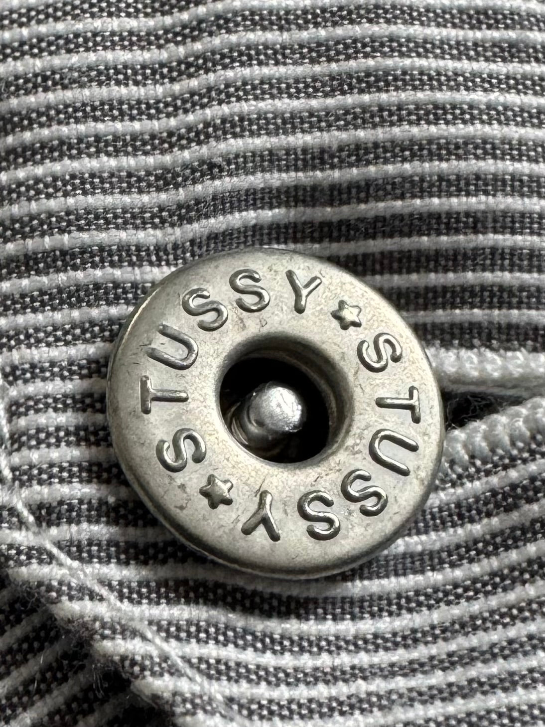 Vintage 2000's grey and white striped Stussy collared chore jacket (M)