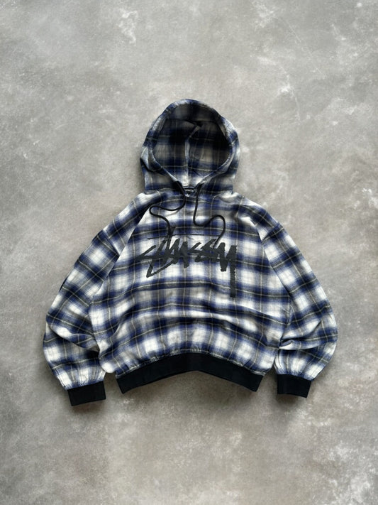 Vintage navy blue white and black Stussy spell out logo tartan / plaid hoodie (M)