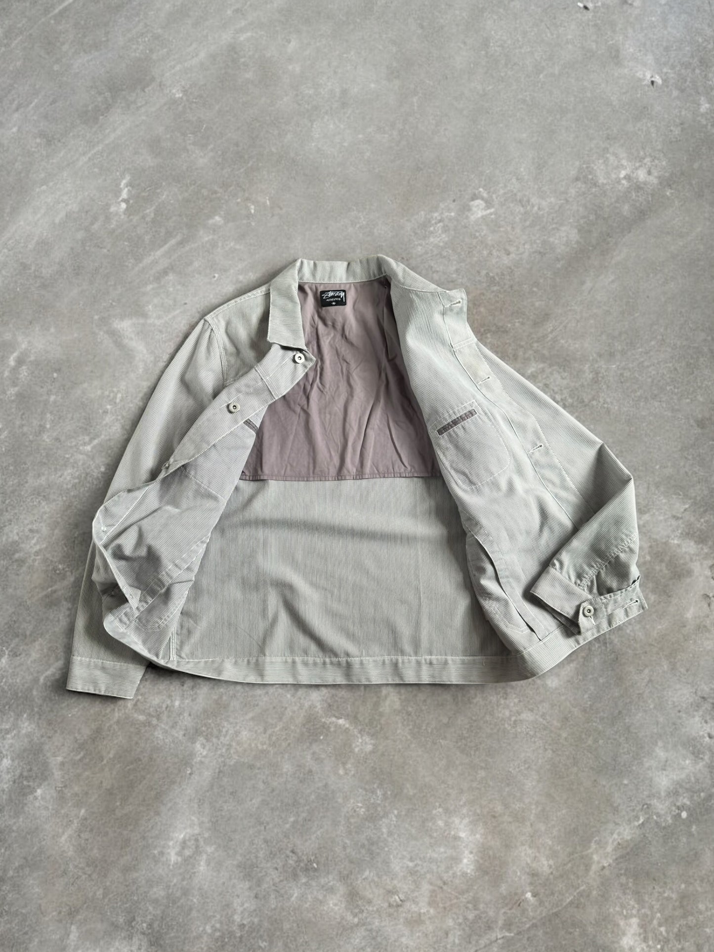 Vintage 2000's grey and white striped Stussy collared chore jacket (M)