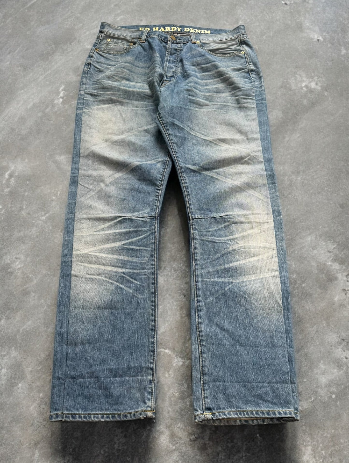Vintage 2000's light blue Ed Hardy Christian Audiger distressed graphic jeans (L)
