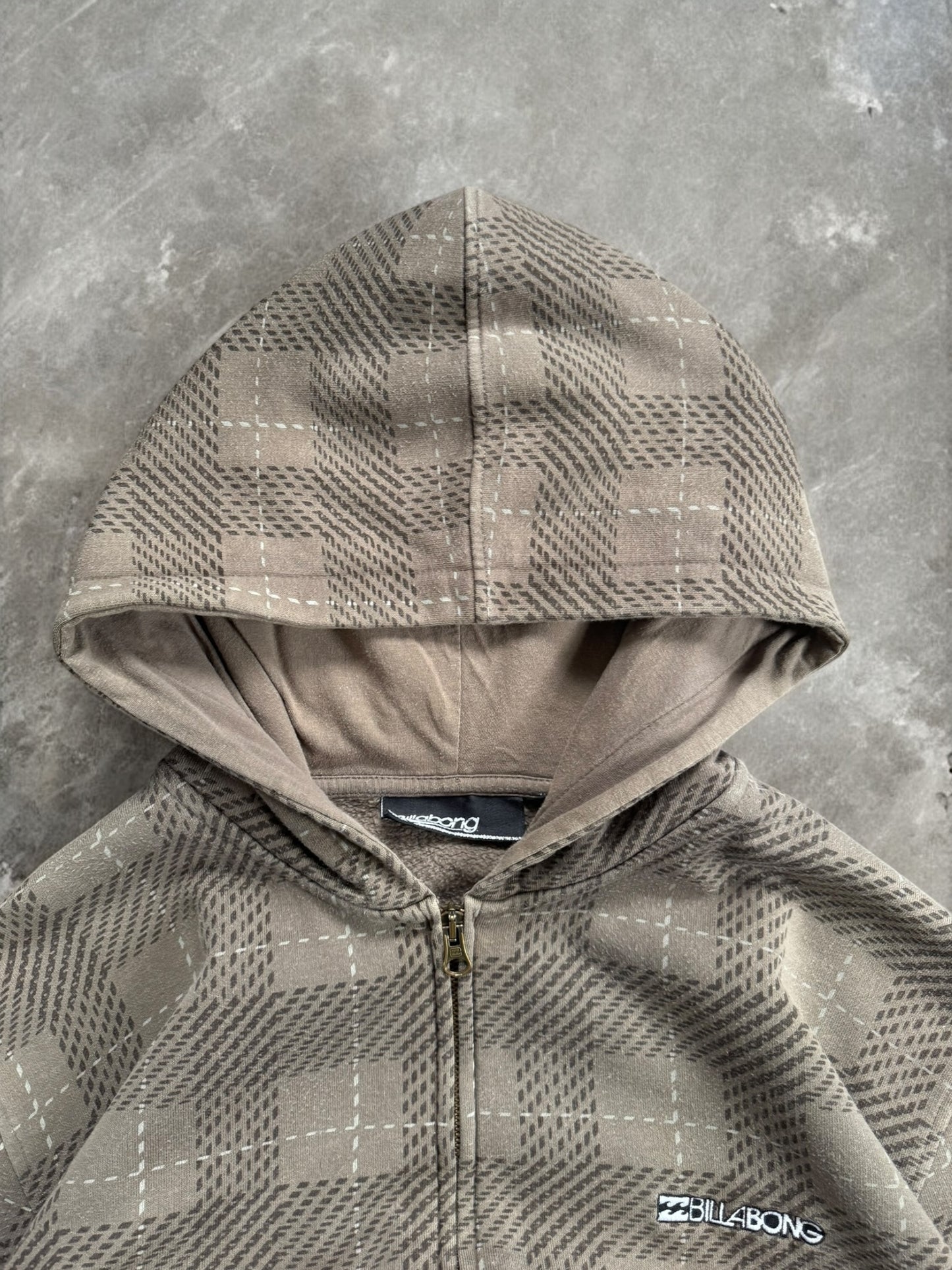 Vintage 2000's brown and beige/cream Billabong tartan / plaid zip up hoodie (XL)