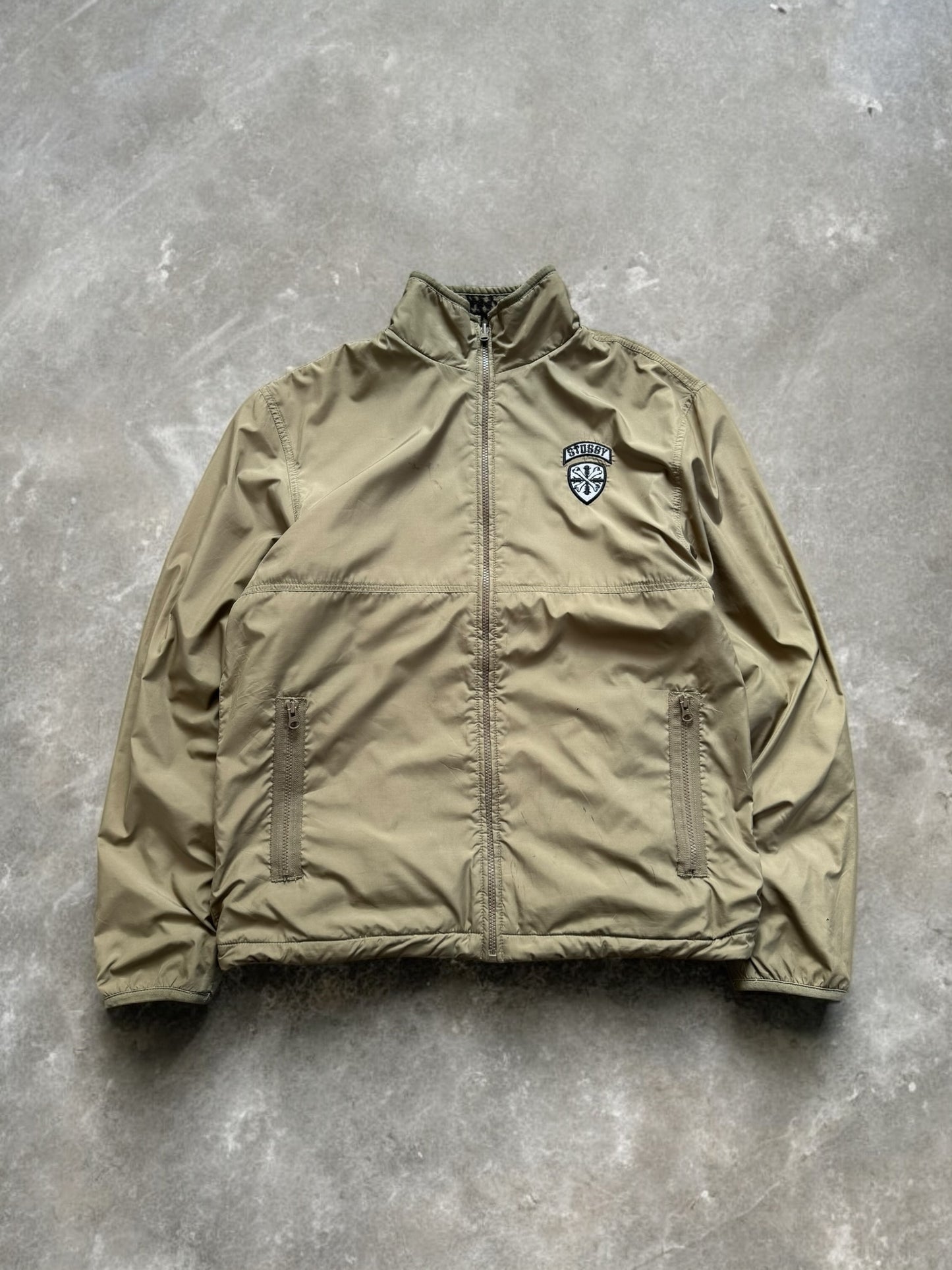 Vintage 2000's khaki green and black Stussy reversible plaid / tartan technical jacket (M)