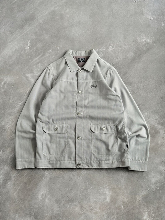 Vintage 2000's grey and white striped Stussy collared chore jacket (M)