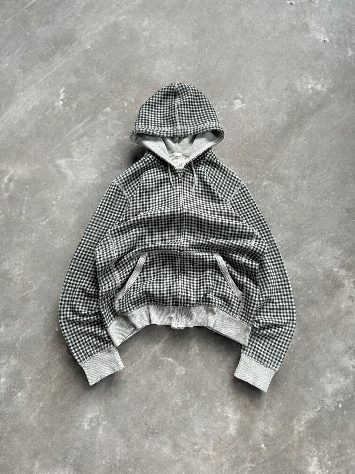 Vintage grey and black Uniqlo tartan / plaid technical zip up hoodie (M)