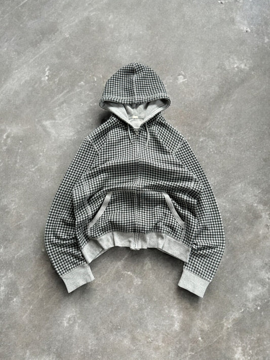 Vintage grey and black Uniqlo tartan / plaid technical zip up hoodie (M)