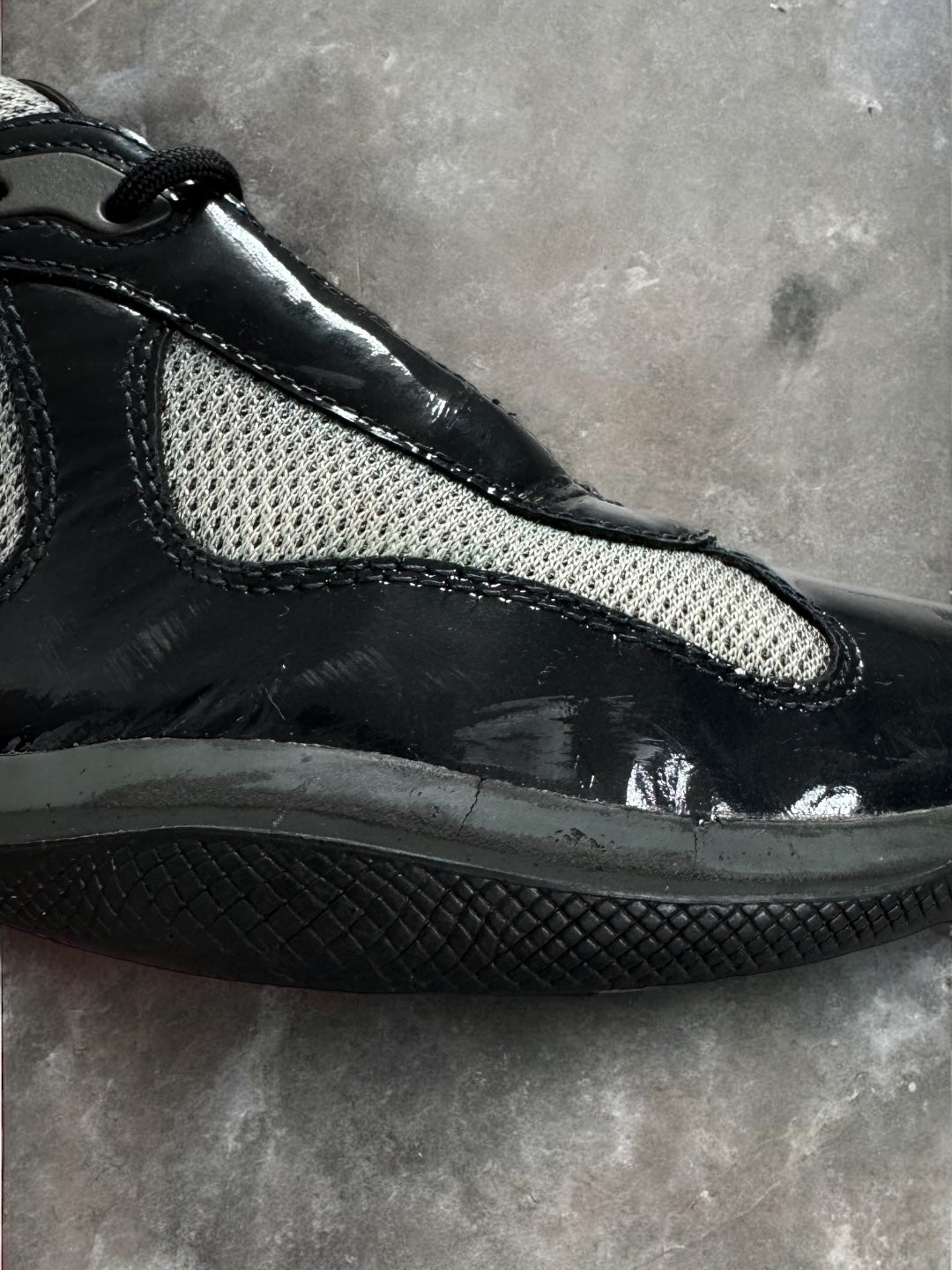 Vintage black and grey patent leather Prada America cup trainers (UK7)
