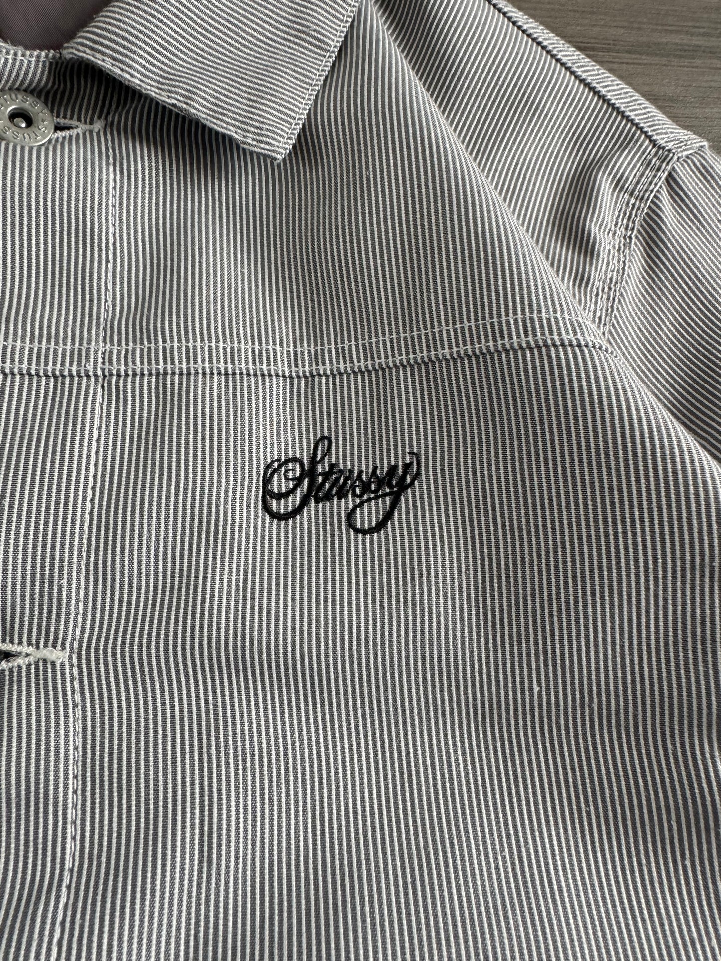 Vintage 2000's grey and white striped Stussy collared chore jacket (M)