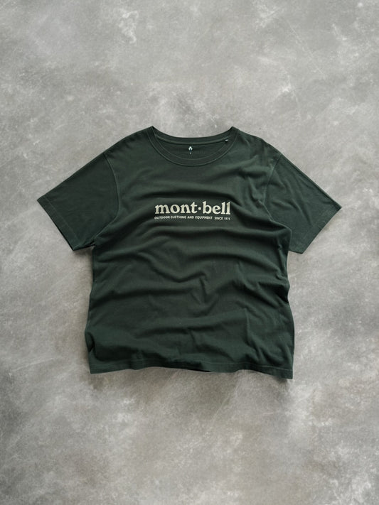 Vintage dark green and white Montbell graphic print centre logo t shirt (M)