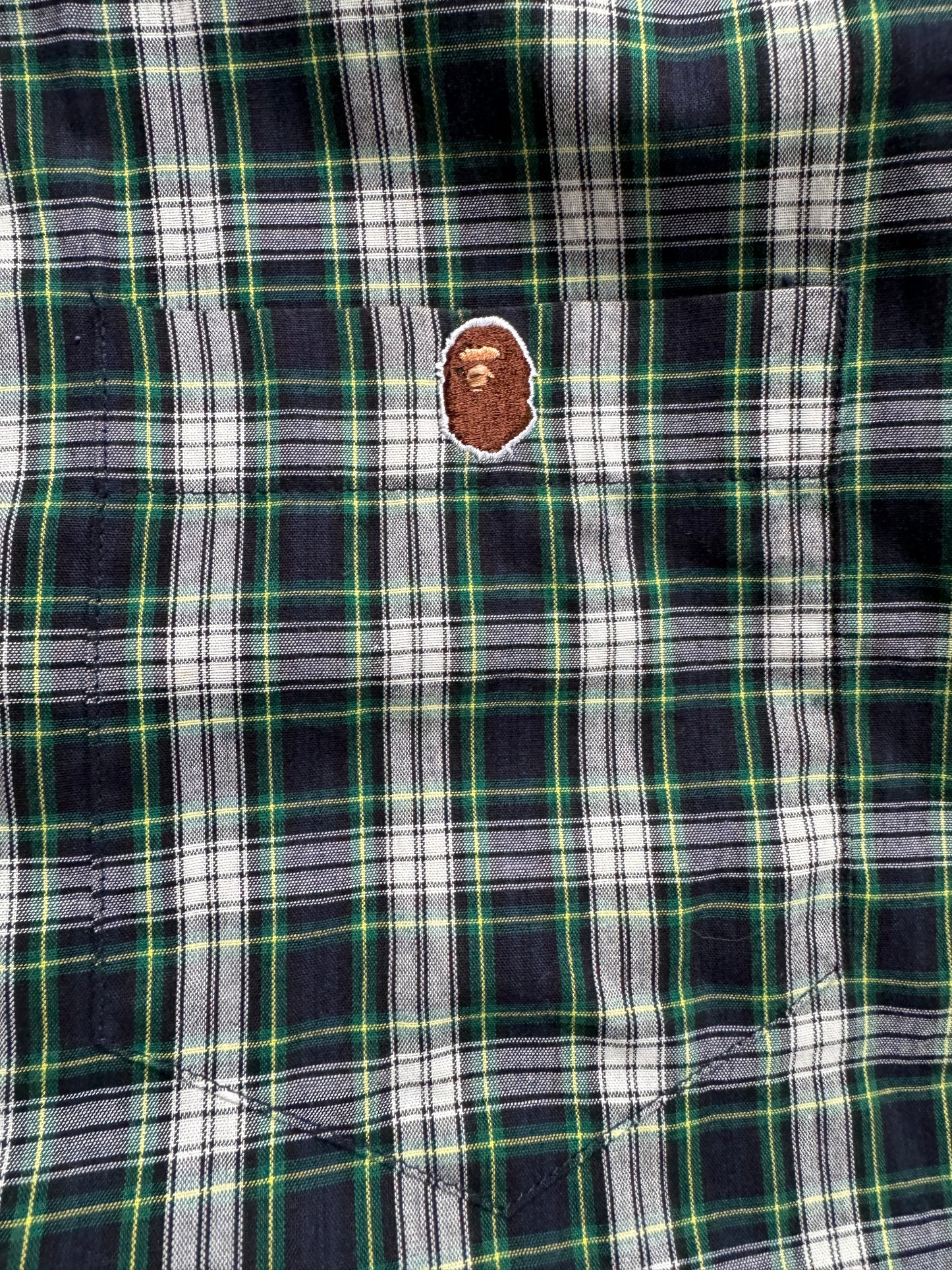 Vintage 90's green white and blue tartan / plaid Bape button up short sleeve shirt (M)