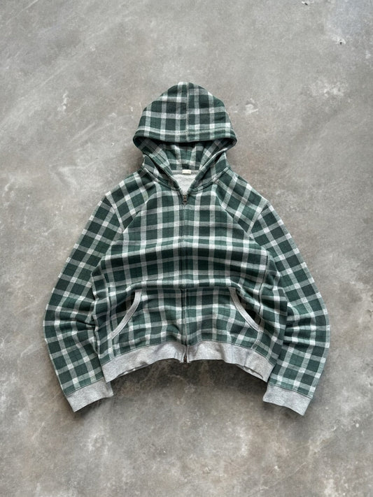Vintage grey and green Uniqlo tartan / plaid technical zip up hoodie (M)