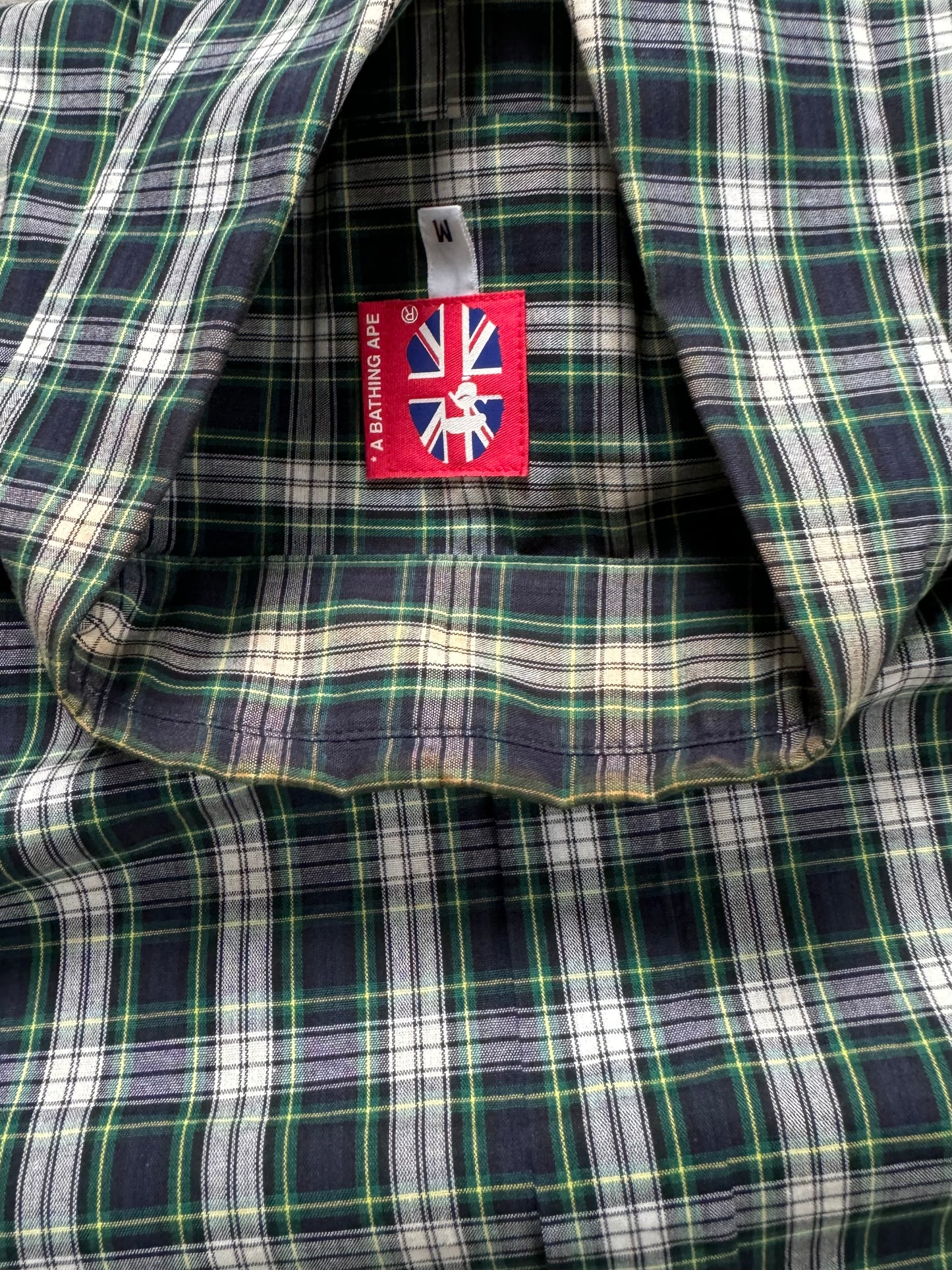 Vintage 90's green white and blue tartan / plaid Bape button up short sleeve shirt (M)