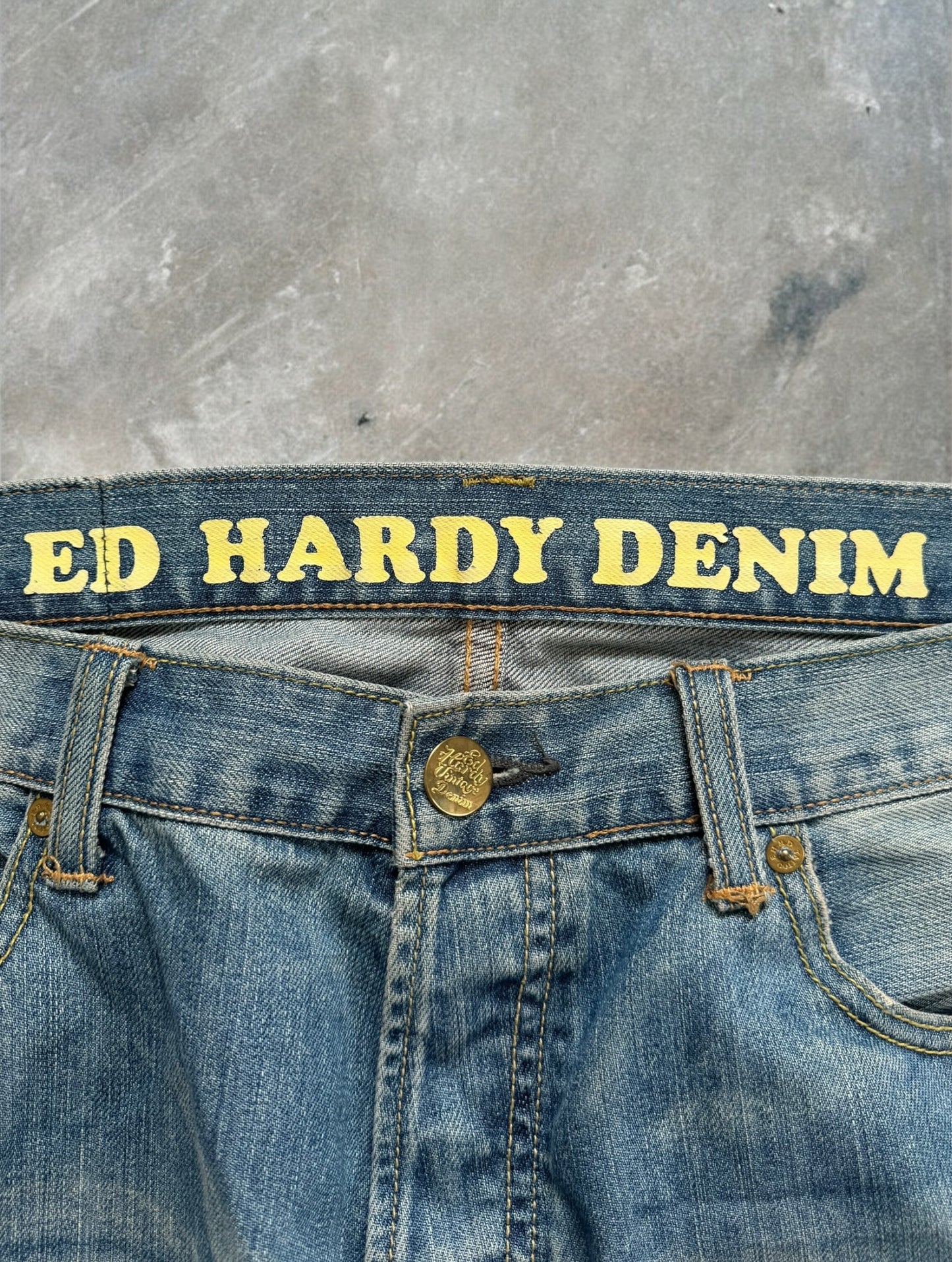 Vintage 2000's light blue Ed Hardy Christian Audiger distressed graphic jeans (L)
