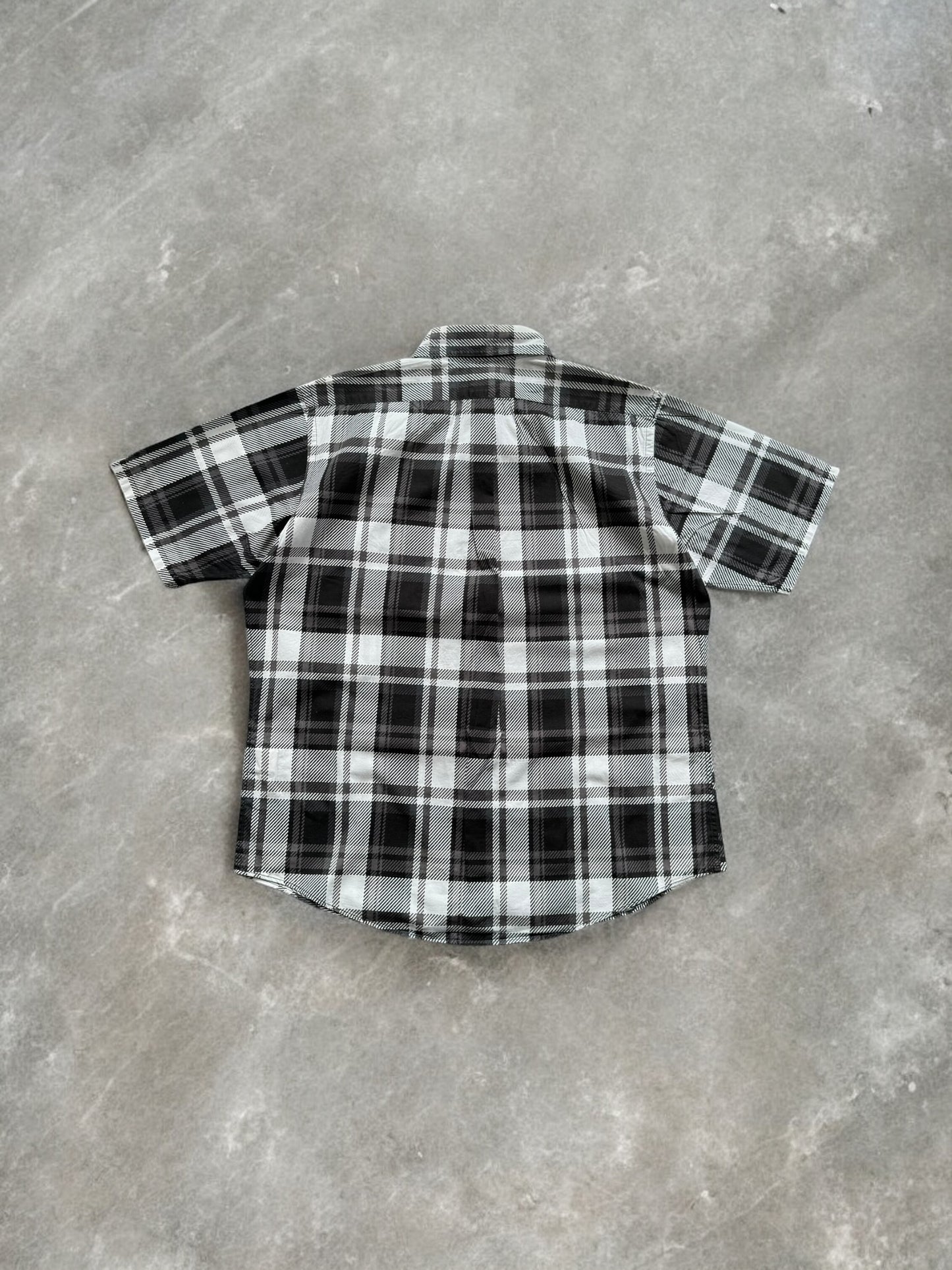 Vintage 90's black white and grey tartan / plaid Bape button up short sleeve shirt (L)