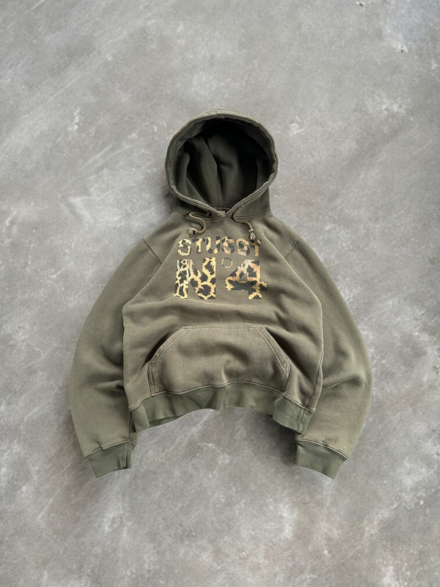 Vintage 2000's khaki green Stussy women’s leopard print hoodie (M)