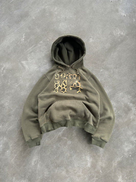 Vintage 2000's khaki green Stussy women’s leopard print hoodie (M)