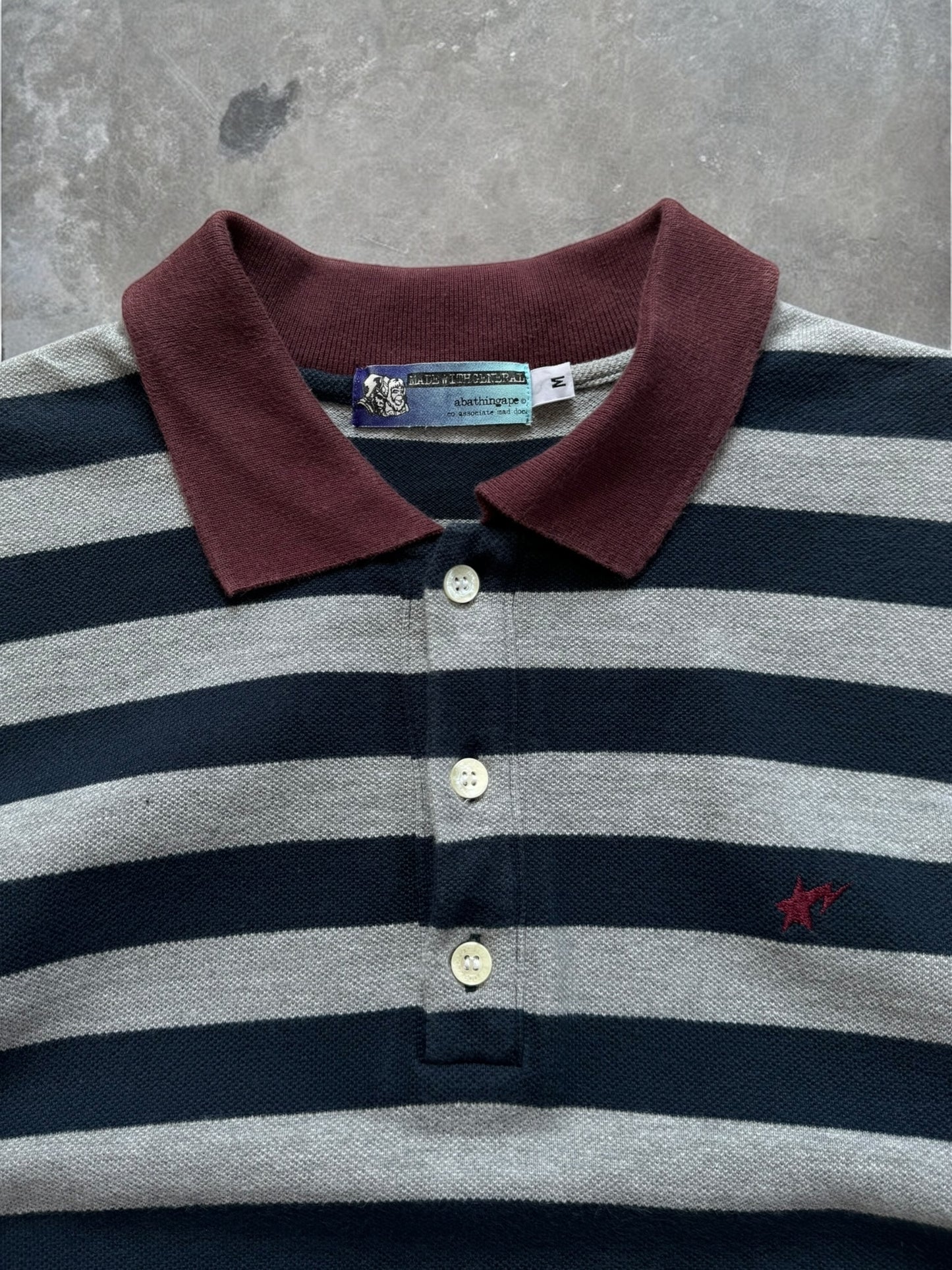 Vintage 2000's grey and navy blue Bape star embroidered striped polo shirt (S)
