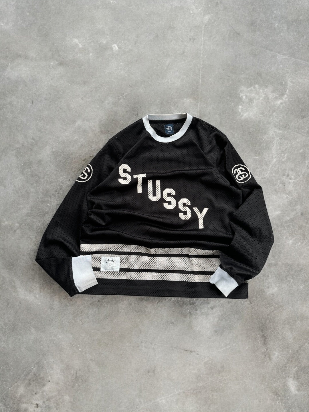 Vintage 2000's black and white Stussy long sleeve mesh jersey / shirt (L)